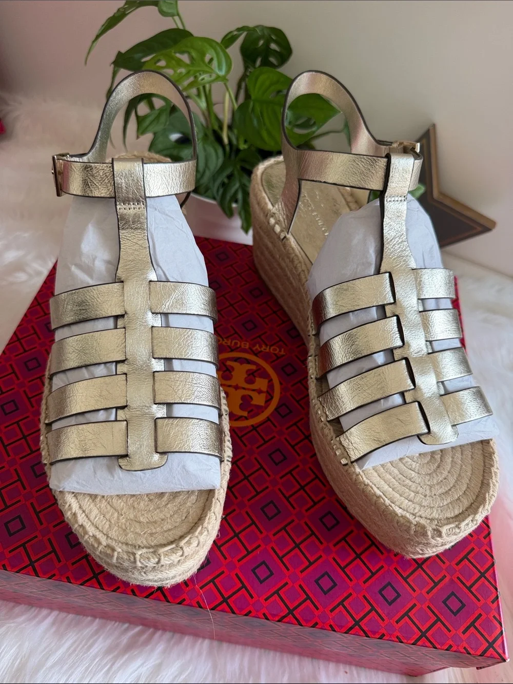 Tory Burch Metallic Gold Leather Espadrille Wedge Sandals